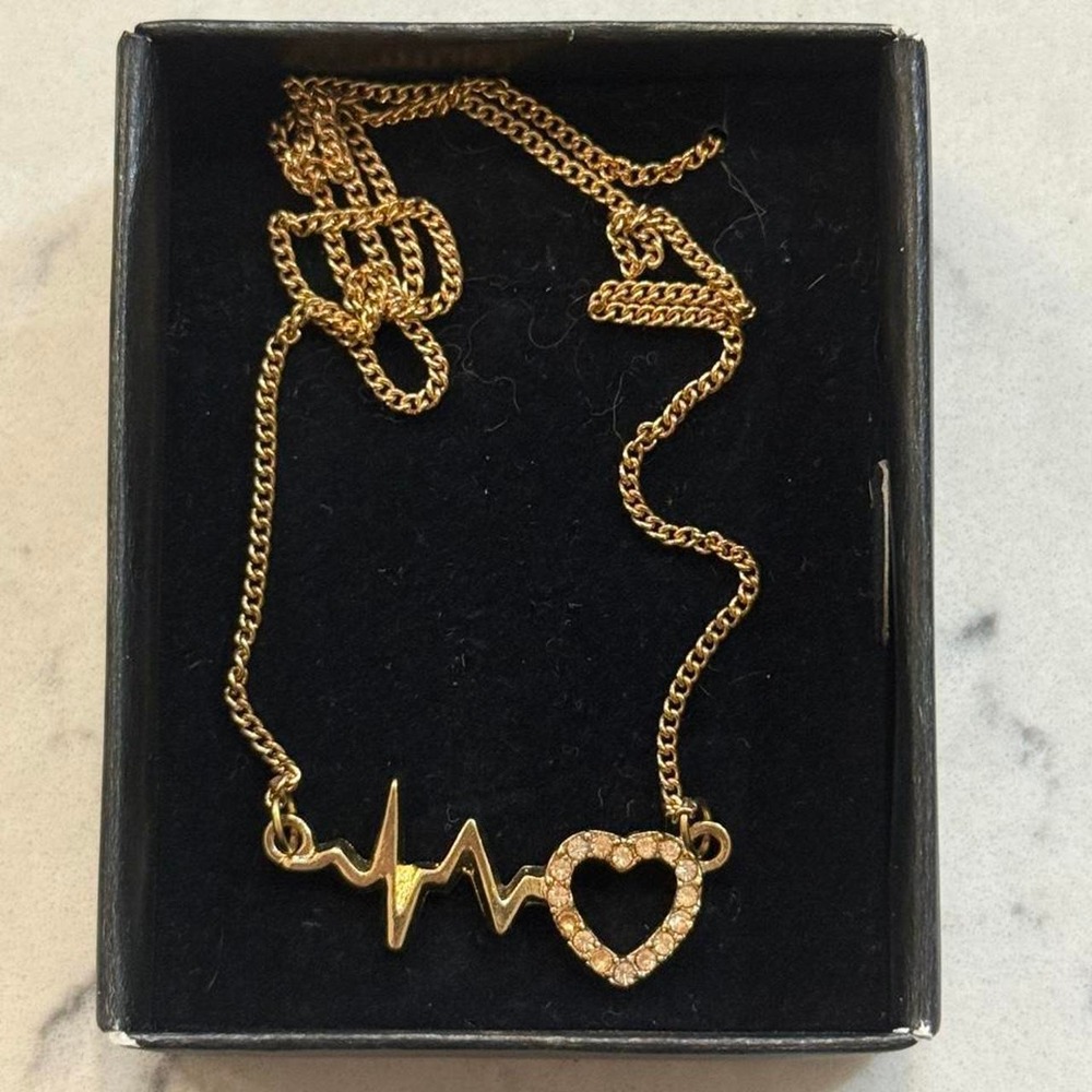 Gold Tone Heartbeat Heart Rhinestone Necklace ECG EKG Pulse Love Necklace